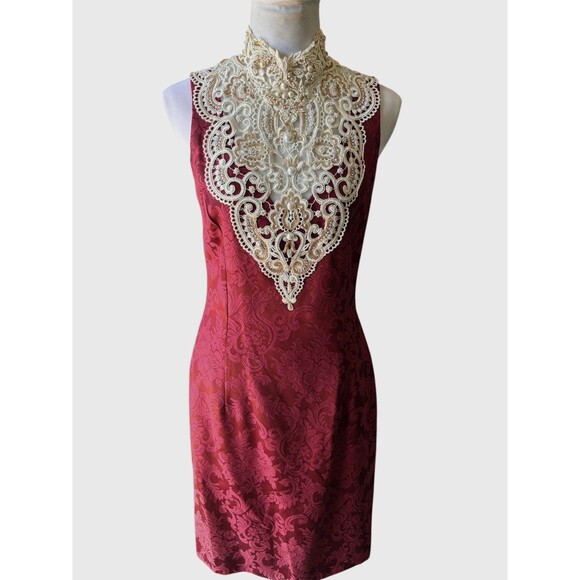 Vtg 80s Brocade Whimsigoth Lace Trim With Asymmetrical Blazer Sheath Dress Set 8 - Picture 3 of 16